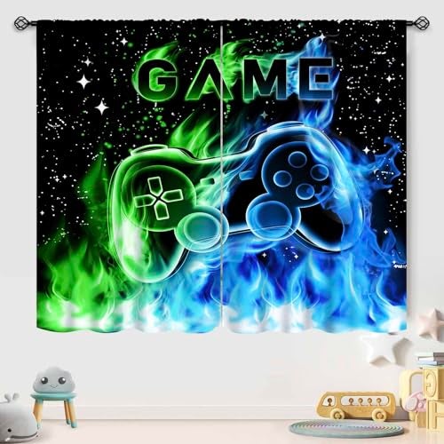 Lnepty Gamer Curtains for Boys Room,Blue Flame Video Gamer for Boys Kids Teen Bedroom Window Treatment,Outer Space Gaming Game Controller Nursery Living Room Drapes 2 Panel Sets,42X45 Inch - Image 4