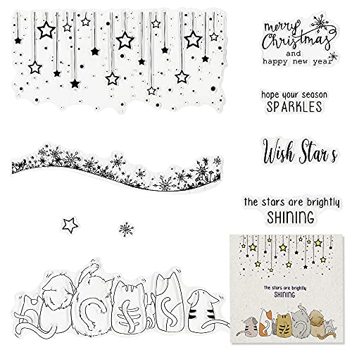 Threetols Happy New Year Christmas Clear Stamps, Five Cat Star Snowflake Greeting Sentiments Words Clear Rubber Stamps for Card Making Christmas Decoration and DIY Scrapbooking - Image 1