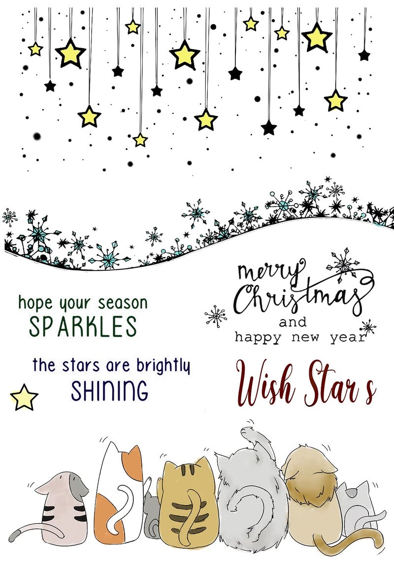 Threetols Happy New Year Christmas Clear Stamps, Five Cat Star Snowflake Greeting Sentiments Words Clear Rubber Stamps for Card Making Christmas Decoration and DIY Scrapbooking - Image 3