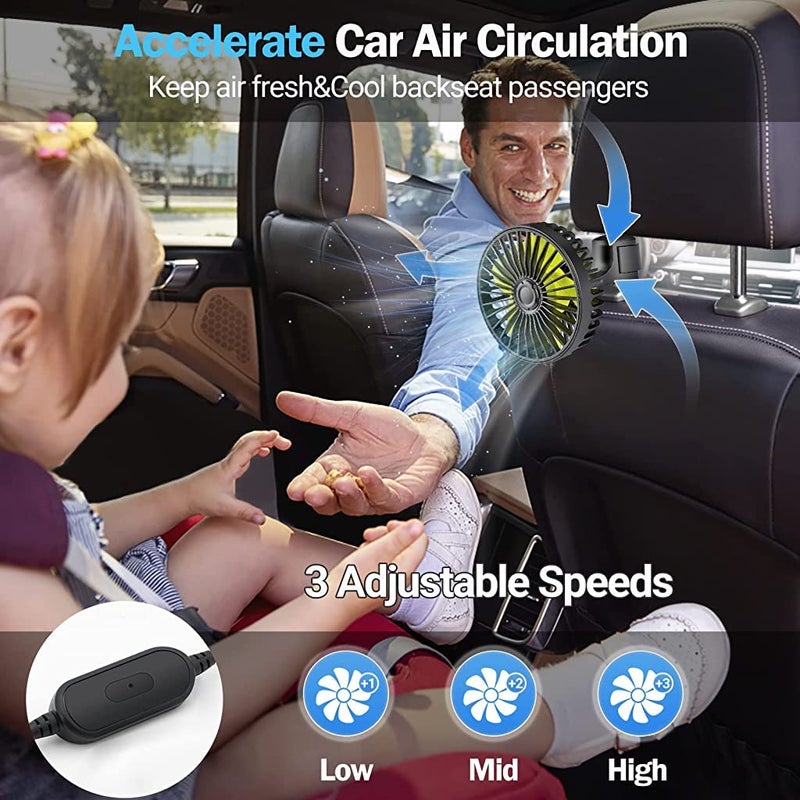 Verilux ® USB Fan for Car Back Seat,Headrest Mounted 5V USB Mini Fan with 3 Speed,Rotatable with Cable Switch Controller fan for Baby Back Seat Passengers Plug and Play - Image 2