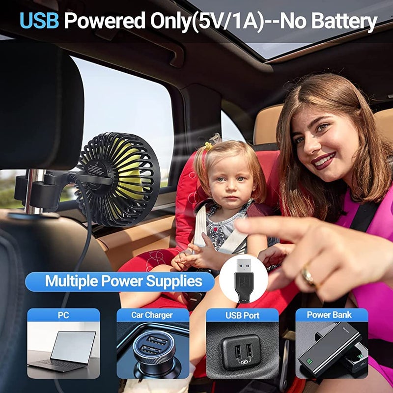 Verilux ® USB Fan for Car Back Seat,Headrest Mounted 5V USB Mini Fan with 3 Speed,Rotatable with Cable Switch Controller fan for Baby Back Seat Passengers Plug and Play - Image 3