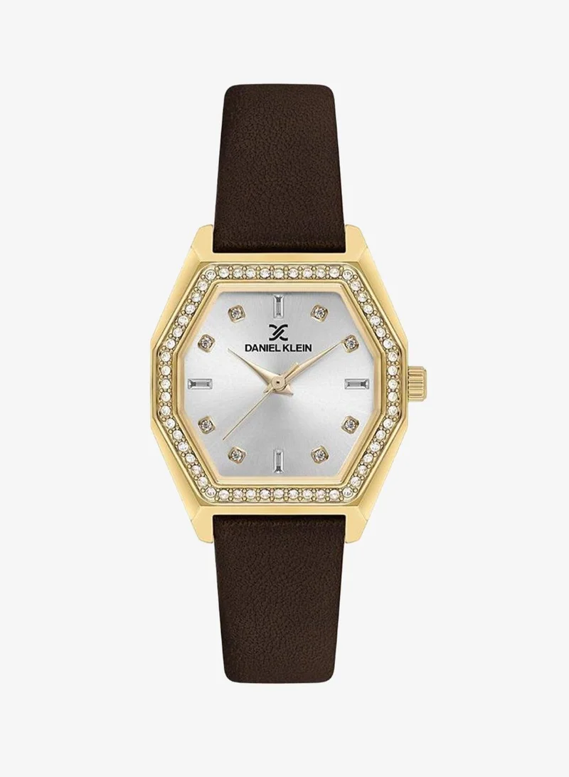 Daniel Klein Women's Leather Gold Alloy Case Analog Silver Hexagon Sunray Dial Japanese Quartz Premium 30 Meters Water Resistant