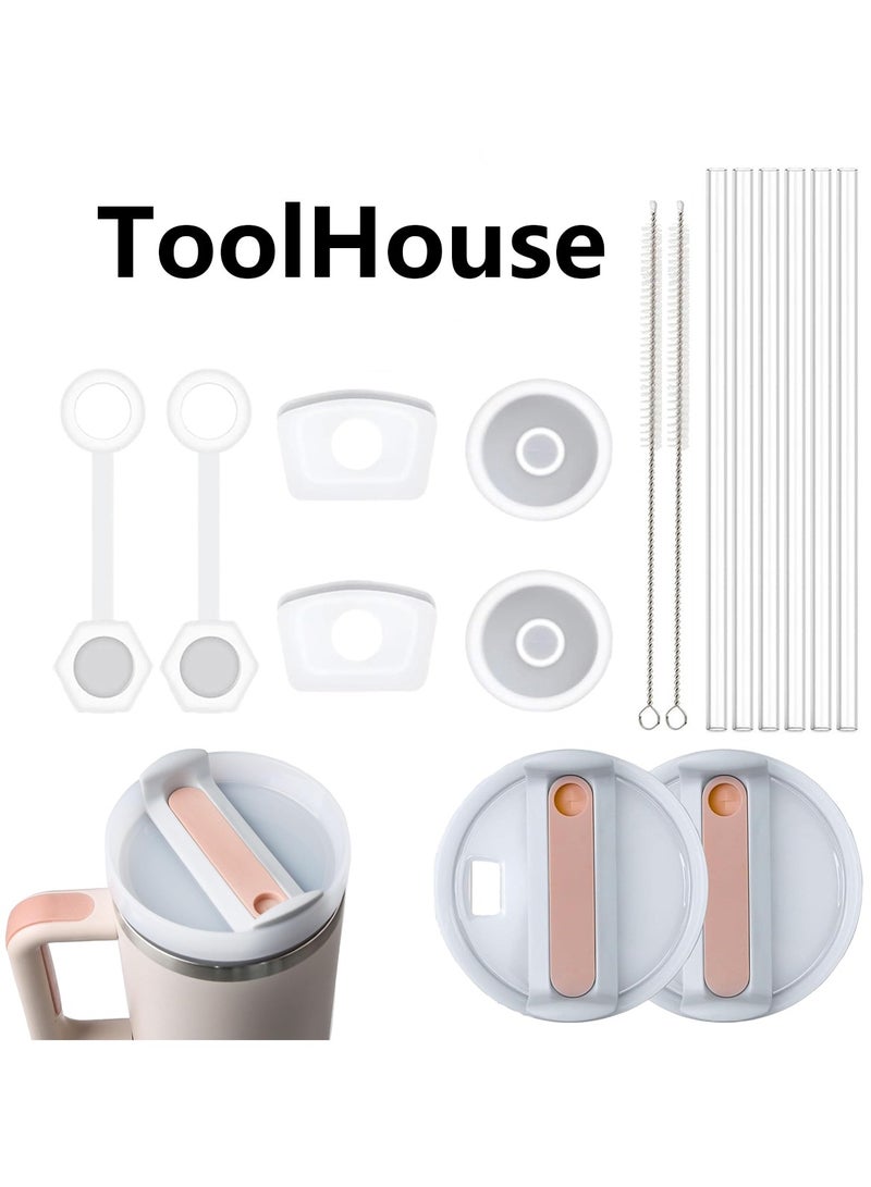 ToolHouse 2-Pack Stanley Cup Lid Replacement Leak-Proof and Splash-Proof Lid 40 oz Glass with Handle 6 Straws and 2 Cleaning Brushes One Set of Leak-Proof Stoppers Compatible with Stanley Cup 2.0 Version  - Image 1