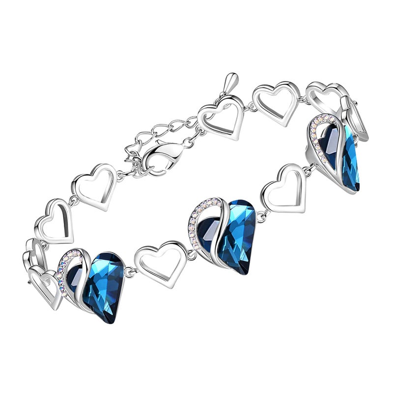 Leafael Infinity Love Heart Link Bracelets, September Birthstone Crystal Bracelet for Women, Silver Tone Jewelry Gifts for Her, Bermuda Sapphire Blue, 7-inch Chain and 2-inch Extender - Image 1