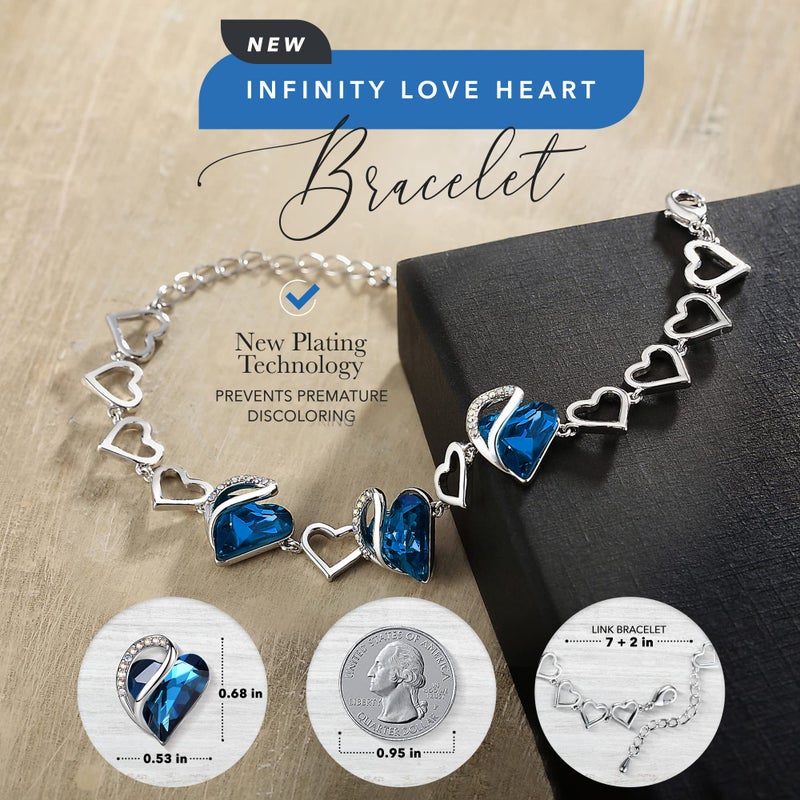 Leafael Infinity Love Heart Link Bracelets, September Birthstone Crystal Bracelet for Women, Silver Tone Jewelry Gifts for Her, Bermuda Sapphire Blue, 7-inch Chain and 2-inch Extender - Image 2