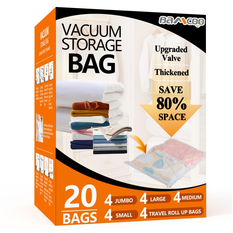 BAMCOO Space Saver Vacuum Storage Bags Upgraded 20 Pack(4 Jumbo 4 Large 4 Medium 4 Small 4 Roll Up) Vaccine Sealed Storage Bags, Vacuum Seal Compression Suction Bag for Packing Blankets Comforters - Image 1
