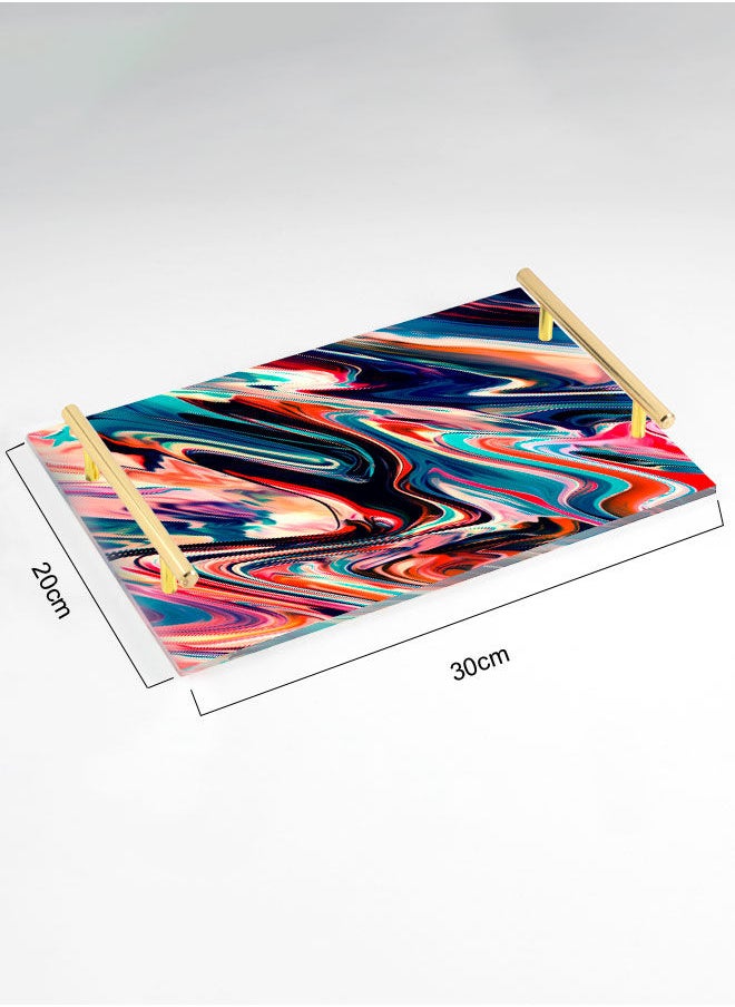 LOWHA Decorative Acrylic Serving Tray with Gold Color Metal Handles Watercolor Draw 20x30cm  - Image 2
