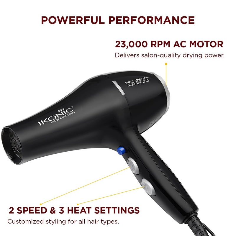 IKONIC مجفف شعر IKONIC PROFESSIONAL 2500+ المتقدم بقوة مزدوجة 2400W-2800W مثالي للإعدادات العالمية وتكنولوجيا الأيونات للتحكم في التجاعيد - Image 2