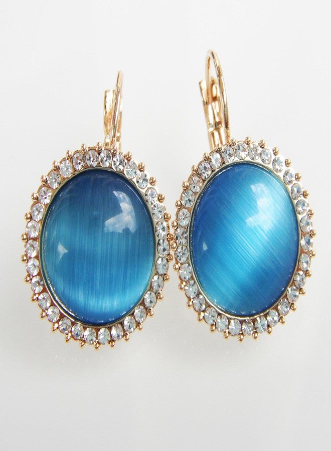 Navachi 18k Gold Plated Crystal Blue Created-opal Round Az1006h Leverback Hoop Earrings - Image 3