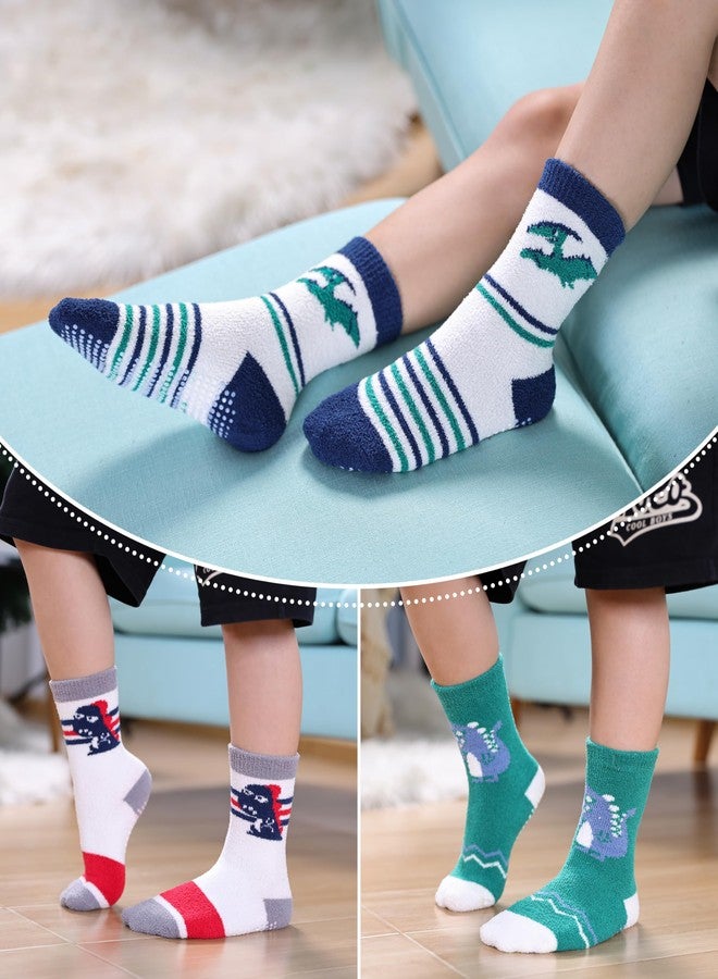 LINEMIN Kids Boys Toddlers Fuzzy Socks with Grips Cute Fun Animal Cozy Fluffy Winter Warm Non Slip Crew Socks 6 Pairs (4-7 Years, Dinosaur&Shark) - Image 2