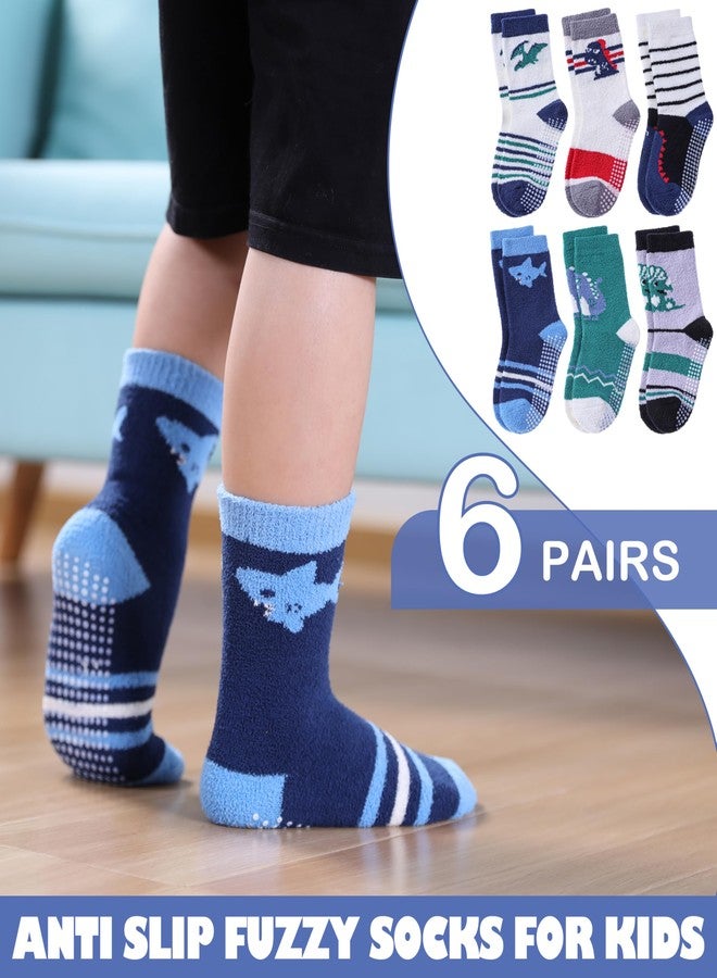 LINEMIN Kids Boys Toddlers Fuzzy Socks with Grips Cute Fun Animal Cozy Fluffy Winter Warm Non Slip Crew Socks 6 Pairs (4-7 Years, Dinosaur&Shark) - Image 4