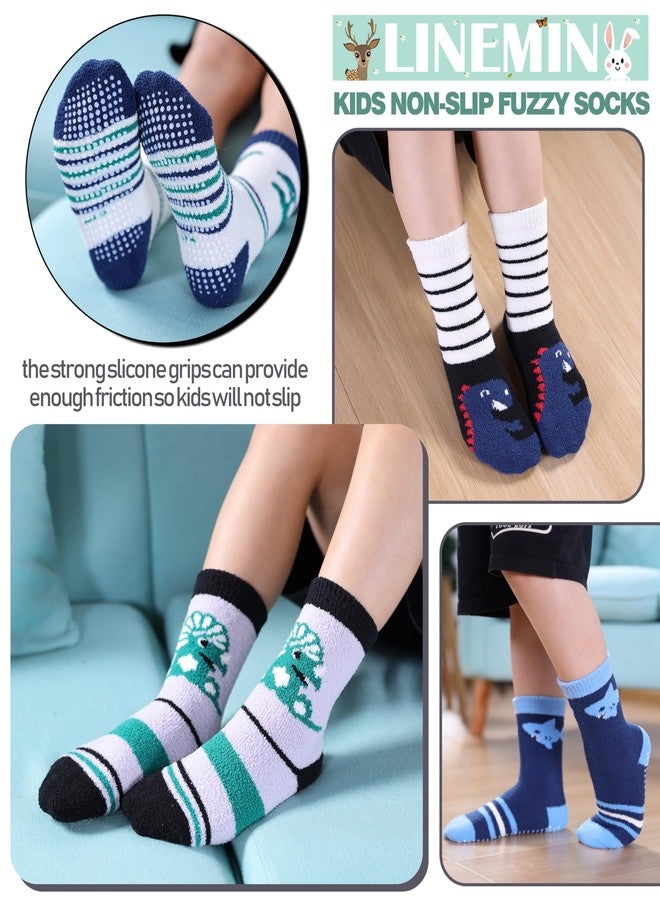 LINEMIN Kids Boys Toddlers Fuzzy Socks with Grips Cute Fun Animal Cozy Fluffy Winter Warm Non Slip Crew Socks 6 Pairs (4-7 Years, Dinosaur&Shark) - Image 3