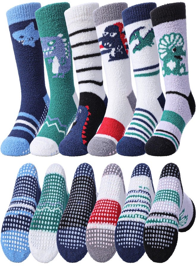 LINEMIN Kids Boys Toddlers Fuzzy Socks with Grips Cute Fun Animal Cozy Fluffy Winter Warm Non Slip Crew Socks 6 Pairs (4-7 Years, Dinosaur&Shark) - Image 1