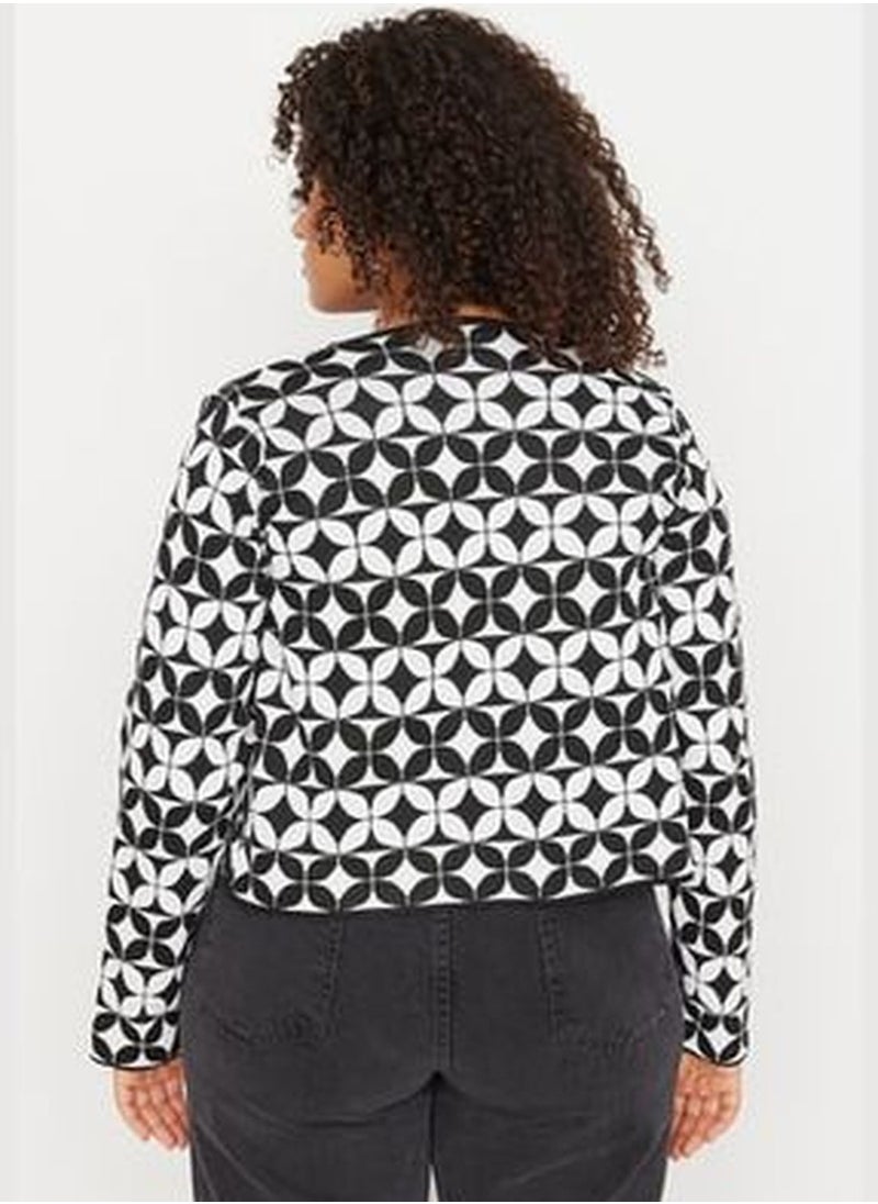 Black Geometric Pattern Tie Detailed Knitwear Blouse & Cardigan Suit TBBAW23AV00093