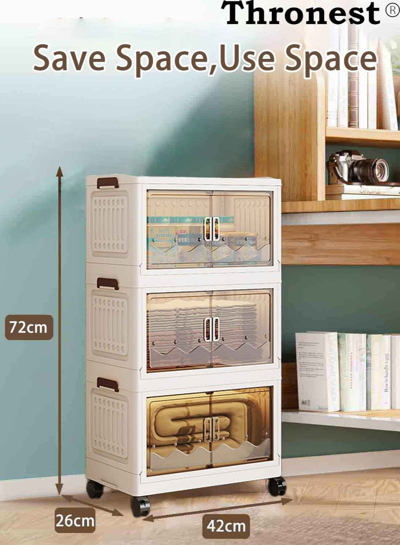 عرش خزانة تخزين بلاستيكية قابلة للطي بثلاثة طوابق وعرض 42 سم مع أغطية وأبواب مغناطيسية وعجلات متحركة، صناديق تخزين قابلة للطي بسعة 21 لتر، منظم تخزين قابل للتكديس للمنزل والخزانة والمكتب والمطبخ - Image 3