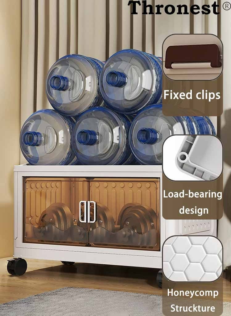 عرش خزانة تخزين بلاستيكية قابلة للطي بثلاثة طوابق وعرض 42 سم مع أغطية وأبواب مغناطيسية وعجلات متحركة، صناديق تخزين قابلة للطي بسعة 21 لتر، منظم تخزين قابل للتكديس للمنزل والخزانة والمكتب والمطبخ - Image 5