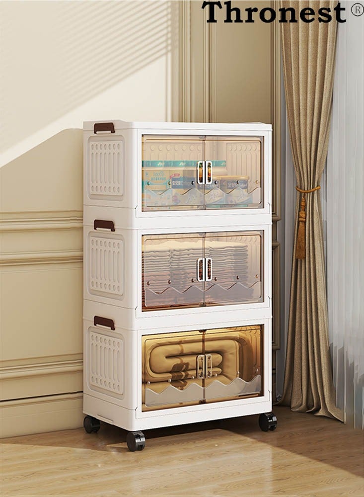 عرش خزانة تخزين بلاستيكية قابلة للطي بثلاثة طوابق وعرض 42 سم مع أغطية وأبواب مغناطيسية وعجلات متحركة، صناديق تخزين قابلة للطي بسعة 21 لتر، منظم تخزين قابل للتكديس للمنزل والخزانة والمكتب والمطبخ - Image 1