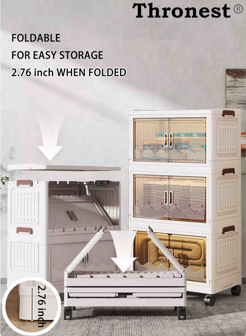 عرش خزانة تخزين بلاستيكية قابلة للطي بثلاثة طوابق وعرض 42 سم مع أغطية وأبواب مغناطيسية وعجلات متحركة، صناديق تخزين قابلة للطي بسعة 21 لتر، منظم تخزين قابل للتكديس للمنزل والخزانة والمكتب والمطبخ - Image 2