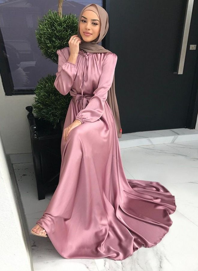 Loquat Women's Elegant Full Length Satin Dress Women's Solid Color Long Sleeves Tunic Dress Rose Pink 
