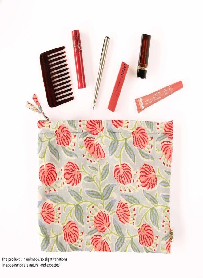 Ekatra Sustainable Cotton Travel Pouch 9x7 Inches | Handcrafted Organizer with 2 Pockets | Eco Friendly Multipurpose Makeup Bag for Women | Metal Zipper Closure | Lightweight Cotton - Purple Floral - Image 4