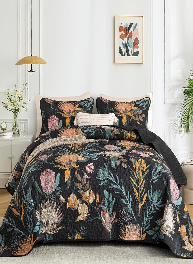 Dintszyayue Quilt Queen Size Black, 3 Pieces Boho Floral Bedspread Bedding for Queen Size Bed, Soft Lightweight Microfiber Coverlet Set for All Season Quilt with 2 Pillowcases - Image 1