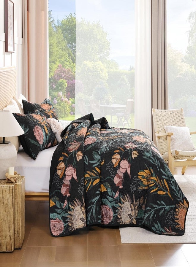 Dintszyayue Quilt Queen Size Black, 3 Pieces Boho Floral Bedspread Bedding for Queen Size Bed, Soft Lightweight Microfiber Coverlet Set for All Season Quilt with 2 Pillowcases - Image 3