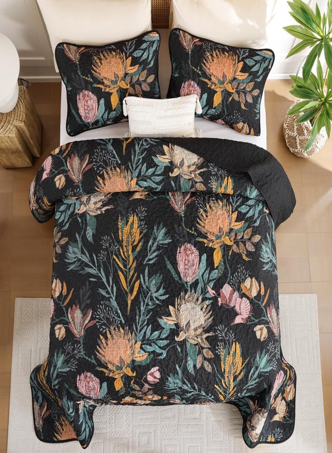 Dintszyayue Quilt Queen Size Black, 3 Pieces Boho Floral Bedspread Bedding for Queen Size Bed, Soft Lightweight Microfiber Coverlet Set for All Season Quilt with 2 Pillowcases - Image 4
