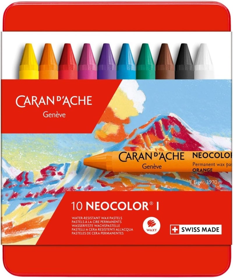 Caran d'Ache Neocolor I Water-Resistant Wax Pastels Set - 10 Assorted Colors