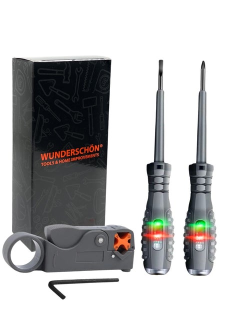 WUNEDRSCHÖN | Electrician Tool Set- Set Of 4 - essential tools for electrical repairs, installations, and maintenance tasks Two Tester Screwdrivers Wire Stripper with Allen Key (4)