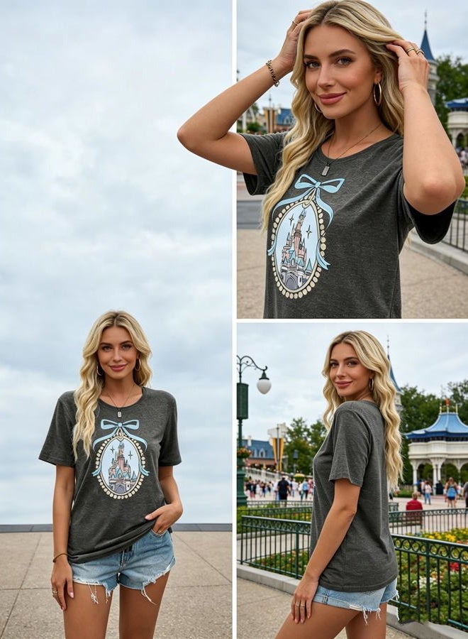 Fuaili Magic Shirts for Women Cute Castle Graphic Vacation Tops, Mi-dark Grey, M - Image 3