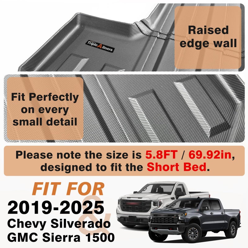 TripleAliners Truck Mat Compatible with 2019-2026 Chevy Silverado/GMC Sierra 1500 5.8FT Accessories, Truck Bed Mat Heavy Duty Custom Fit All Weather Protection TPE Pickup Liner - Image 5