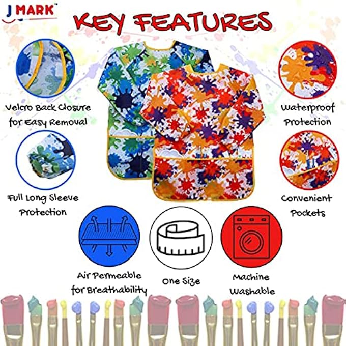 KIDS ART SMOCK PAINTING APRON, WATERPROOF ARTIST APRONS LONG SLEEVE, LIGHTWEIGHT WASHABLE BIBS, FOR POTTERY SCHOOL, BAKING, CRAFT LAB ACTIVITY (PACK OF 2) - Image 5