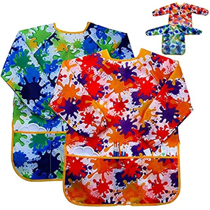KIDS ART SMOCK PAINTING APRON, WATERPROOF ARTIST APRONS LONG SLEEVE, LIGHTWEIGHT WASHABLE BIBS, FOR POTTERY SCHOOL, BAKING, CRAFT LAB ACTIVITY (PACK OF 2) - Image 1