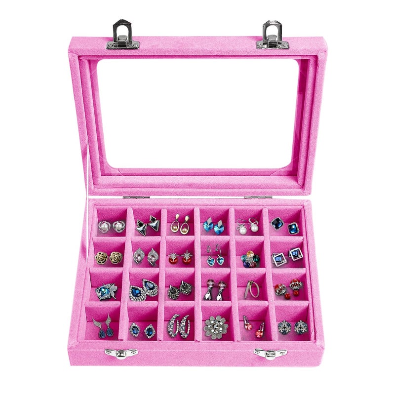 EONGOA Velvet Jewelry Box 24 Grid Jewelry Earrings Display Organiser Box Ring Tray Holder Earrings Storage Case for Girls Wife Mom Women (Light Pink) - Image 1
