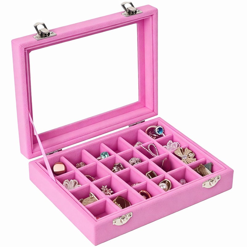 EONGOA Velvet Jewelry Box 24 Grid Jewelry Earrings Display Organiser Box Ring Tray Holder Earrings Storage Case for Girls Wife Mom Women (Light Pink) - Image 3