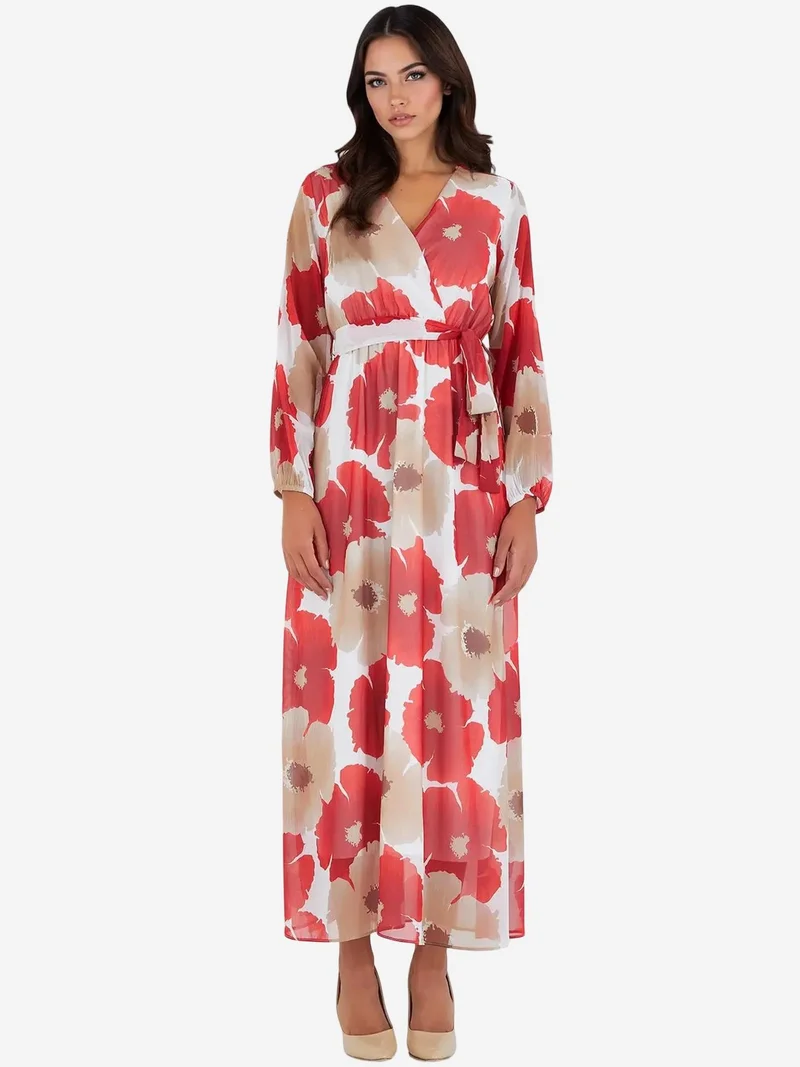 بيغ دارت فستان ماكسي ملفوف بياقة على شكل حرف  وطبعة زهور وربطة عنق