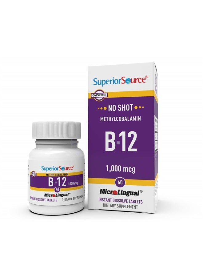 Superior Source No Shot Vitamin B12 Methylcobalamin 1000 mcg, Quick Dissolve MicroLingual Tablets, 60 Count, Active Form of B12, Supports Energy Production, Nervous System Support, Non-GMO - Image 1