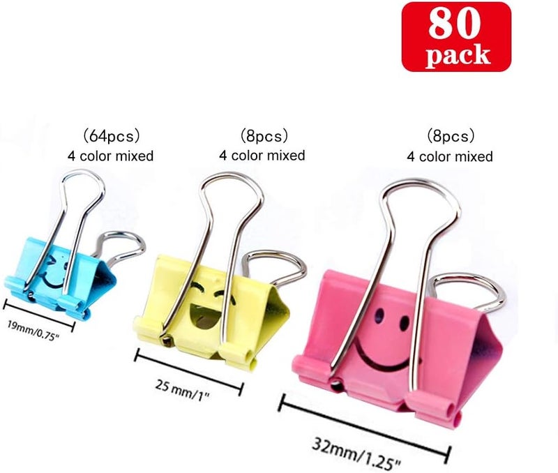 LIQUE 【80pack】 Binder Clips, Paper Clips,Paper Clamps with Colored Cute Hollow Smiling Face,80 Pcs Assorted Size Clip, for Office,Teacher Gifts and Kitchen - Image 2