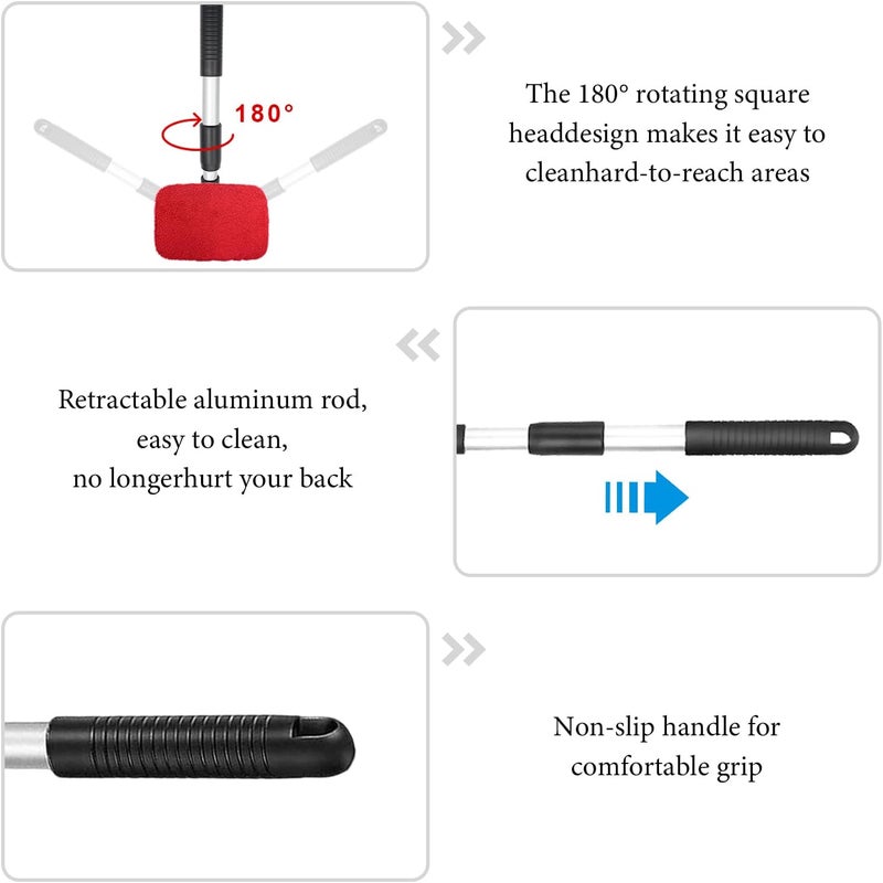 أداة تنظيف لوحة الزجاج الأمامي للسيارة، مكنسة لتنظيف نوافذ السيارة قابلة للفك مع مقبض متمدد من الألومنيوم و2 وسادة قماش قابلة لإعادة الاستخدام، عصا تنظيف لوحة الزجاج الأمامي للسيارة قابلة للغسيل للاستخدام الخارجي (لون أحمر) - Image 3