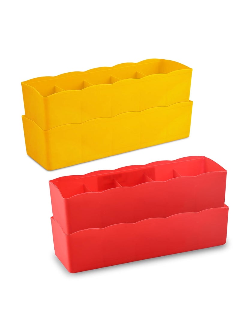 Kuber Industries Kuber Industries Pack of 4 Organizer 5Grid Plastic Storage Box Drawer Divider Box Stationery Organizer Storage Drawer Boxes for Innerwear Socks Bra Panty Red Yellow  - Image 1