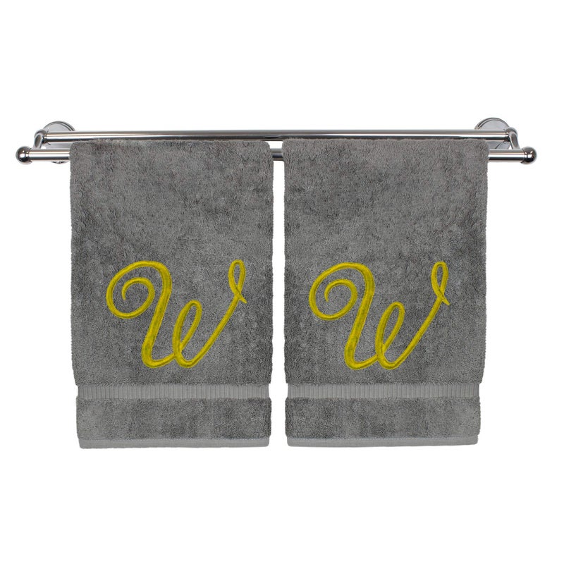 BC BARE COTTON Monogrammed Hand Towel  Personalized Gift  16 x 30 Inches - Set of 2 - Gold Embroidered Towel - Extra Absorbent 100% Turkish Cotton - Soft Terry Finish - for Bathroom  Kitchen and Spa - Script W Gray - Image 1