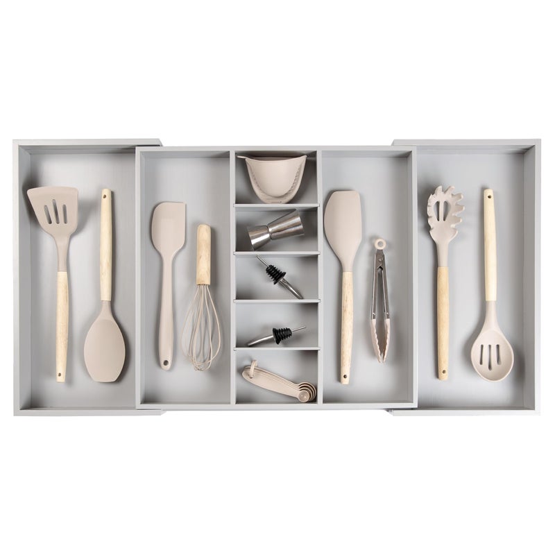 KitchenEdge Adjustable Kitchen Drawer Organizer for Utensils and Junk, Food-Safe Contract Grade with 100% Sustainable Wood, Expandable from 19 to 33 Inches Wide - Gray Bamboo - Image 1