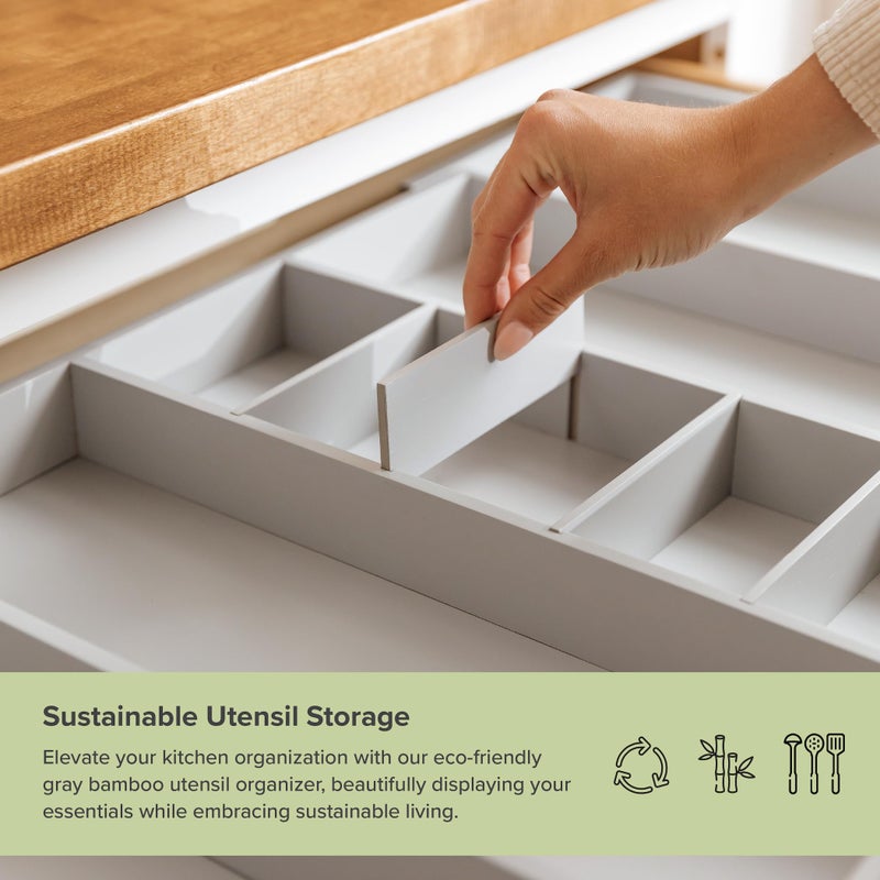 KitchenEdge Adjustable Kitchen Drawer Organizer for Utensils and Junk, Food-Safe Contract Grade with 100% Sustainable Wood, Expandable from 19 to 33 Inches Wide - Gray Bamboo - Image 4