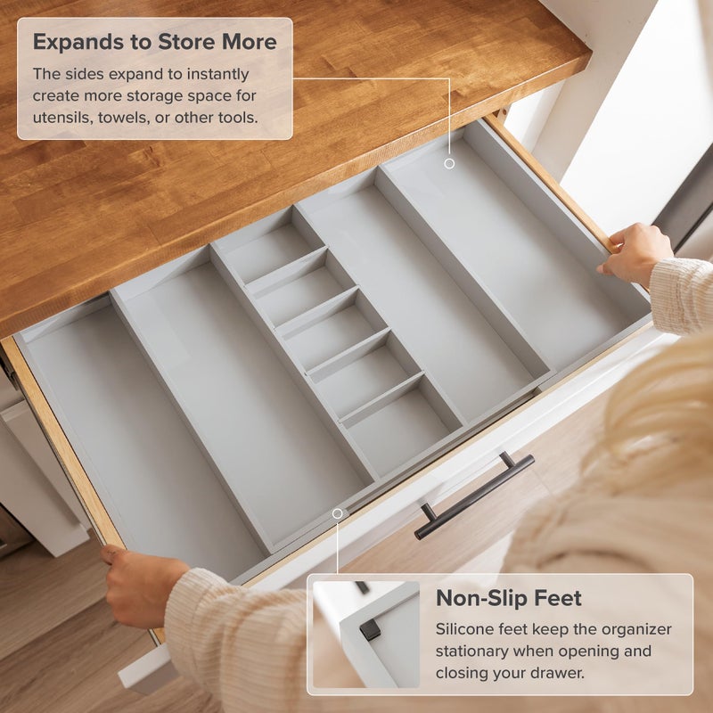 KitchenEdge Adjustable Kitchen Drawer Organizer for Utensils and Junk, Food-Safe Contract Grade with 100% Sustainable Wood, Expandable from 19 to 33 Inches Wide - Gray Bamboo - Image 5