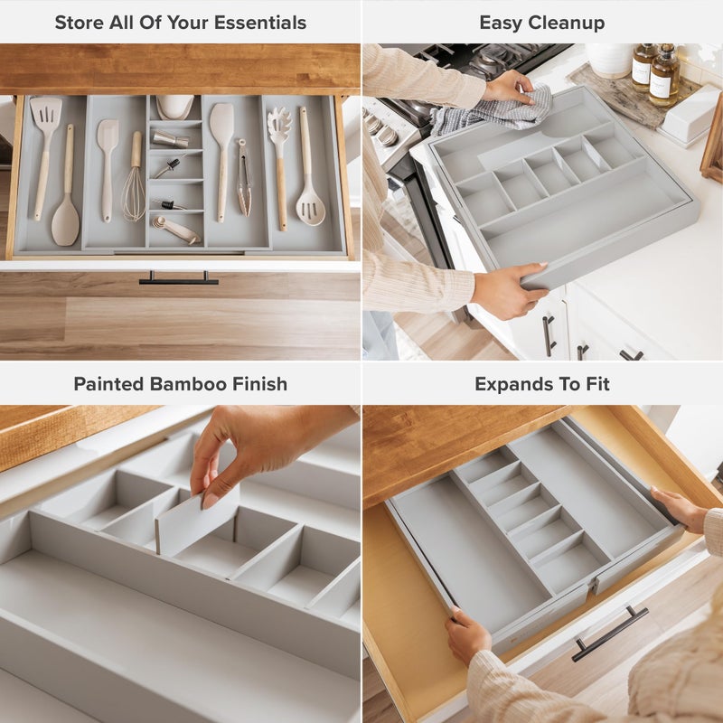 KitchenEdge Adjustable Kitchen Drawer Organizer for Utensils and Junk, Food-Safe Contract Grade with 100% Sustainable Wood, Expandable from 19 to 33 Inches Wide - Gray Bamboo - Image 3