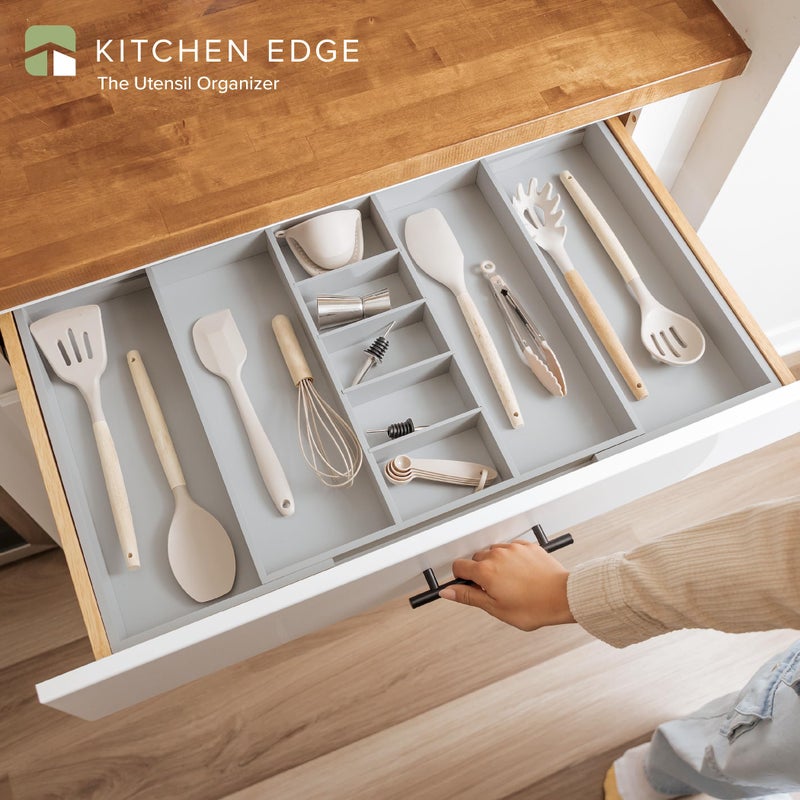 KitchenEdge Adjustable Kitchen Drawer Organizer for Utensils and Junk, Food-Safe Contract Grade with 100% Sustainable Wood, Expandable from 19 to 33 Inches Wide - Gray Bamboo - Image 2
