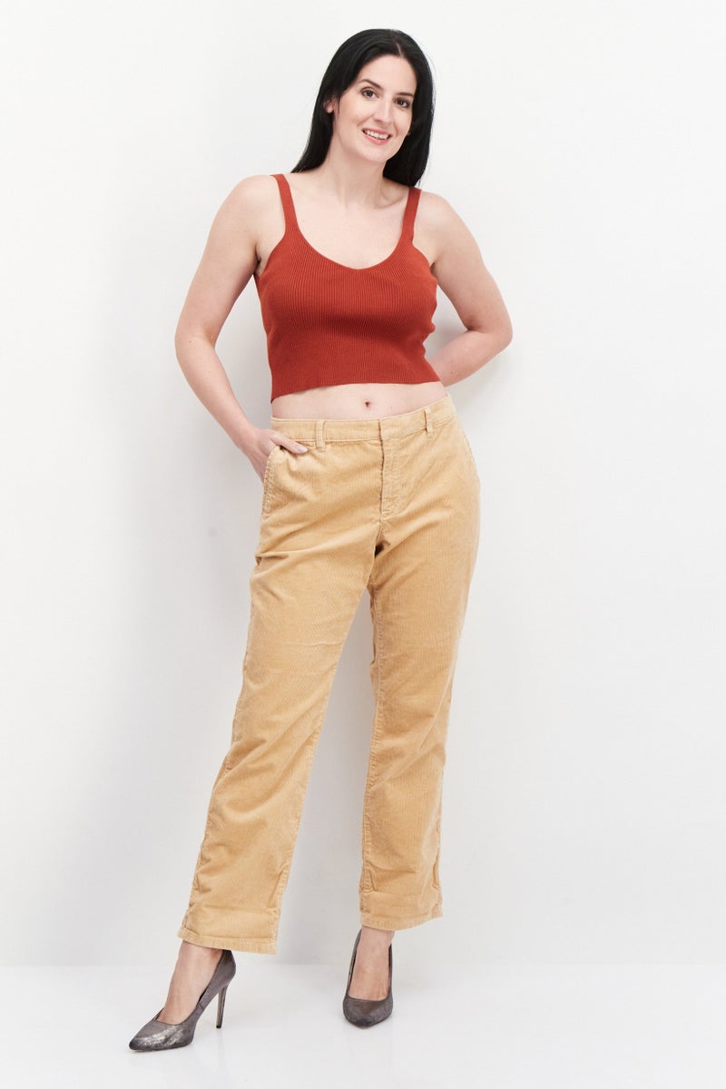 ESPRIT Women Regular Fit Textured Stretchable Corduroy Pants, Beige  - Image 3