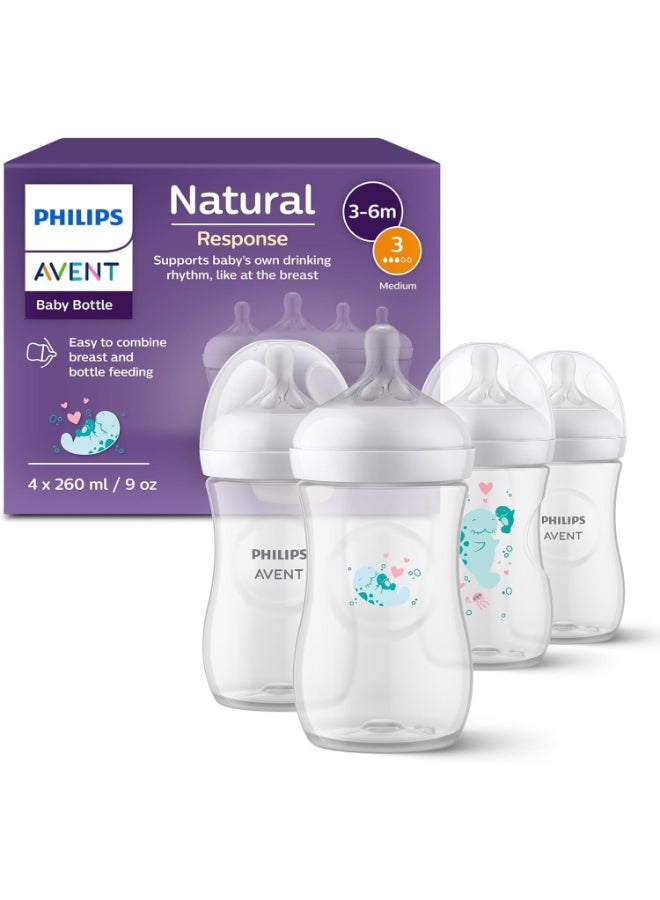Philips Avent Natural Response Gift Set: 4 Baby Bottles (260 ml) with T3 Teats for 3-6 Months