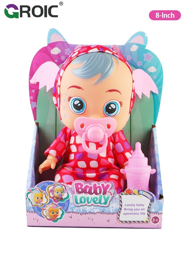 GROIC 8 Inch Cute Cry Baby Doll Dreamy Interactive Realistic 3D Simulation Baby Doll, Normal, Drink and Cry Little Dolls with 4 Emotions Baby Sounds - Red - Image 1
