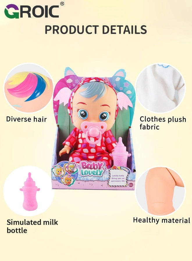 GROIC 8 Inch Cute Cry Baby Doll Dreamy Interactive Realistic 3D Simulation Baby Doll, Normal, Drink and Cry Little Dolls with 4 Emotions Baby Sounds - Red - Image 2